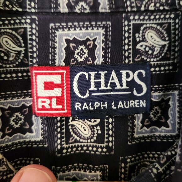 Men's Chaps Ralph Lauren XL Button Down Short Sleeve Navy Blue Paisley Squares - Picture 5 of 10